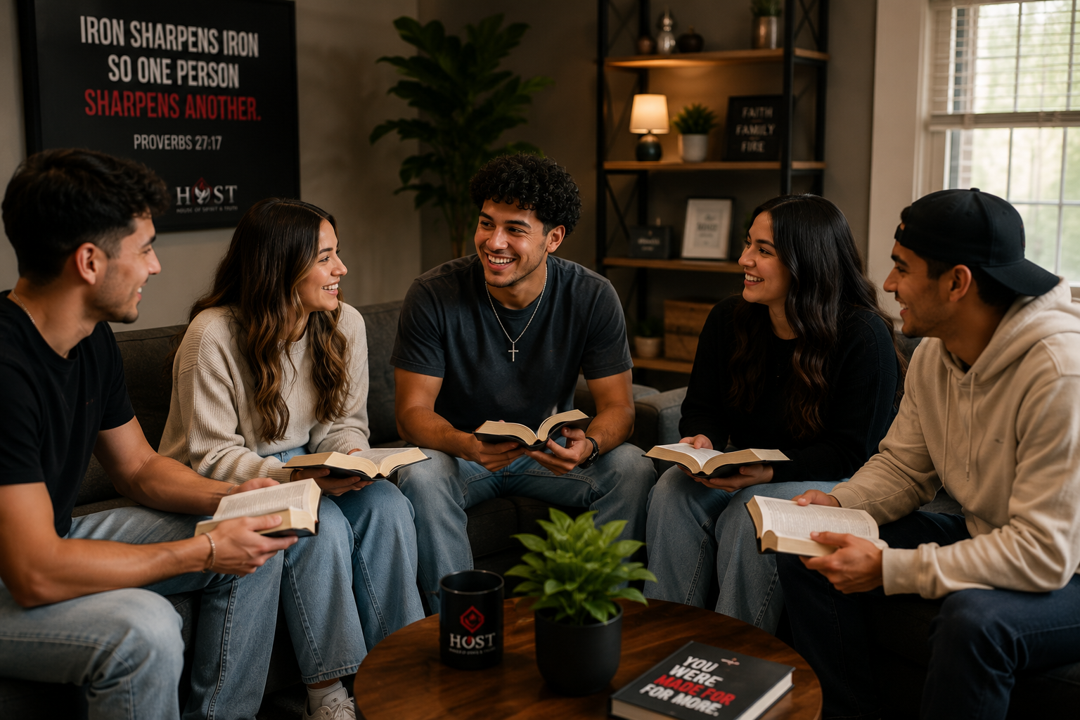 Young adults gathered in a living room with open Bibles during a Truth Group